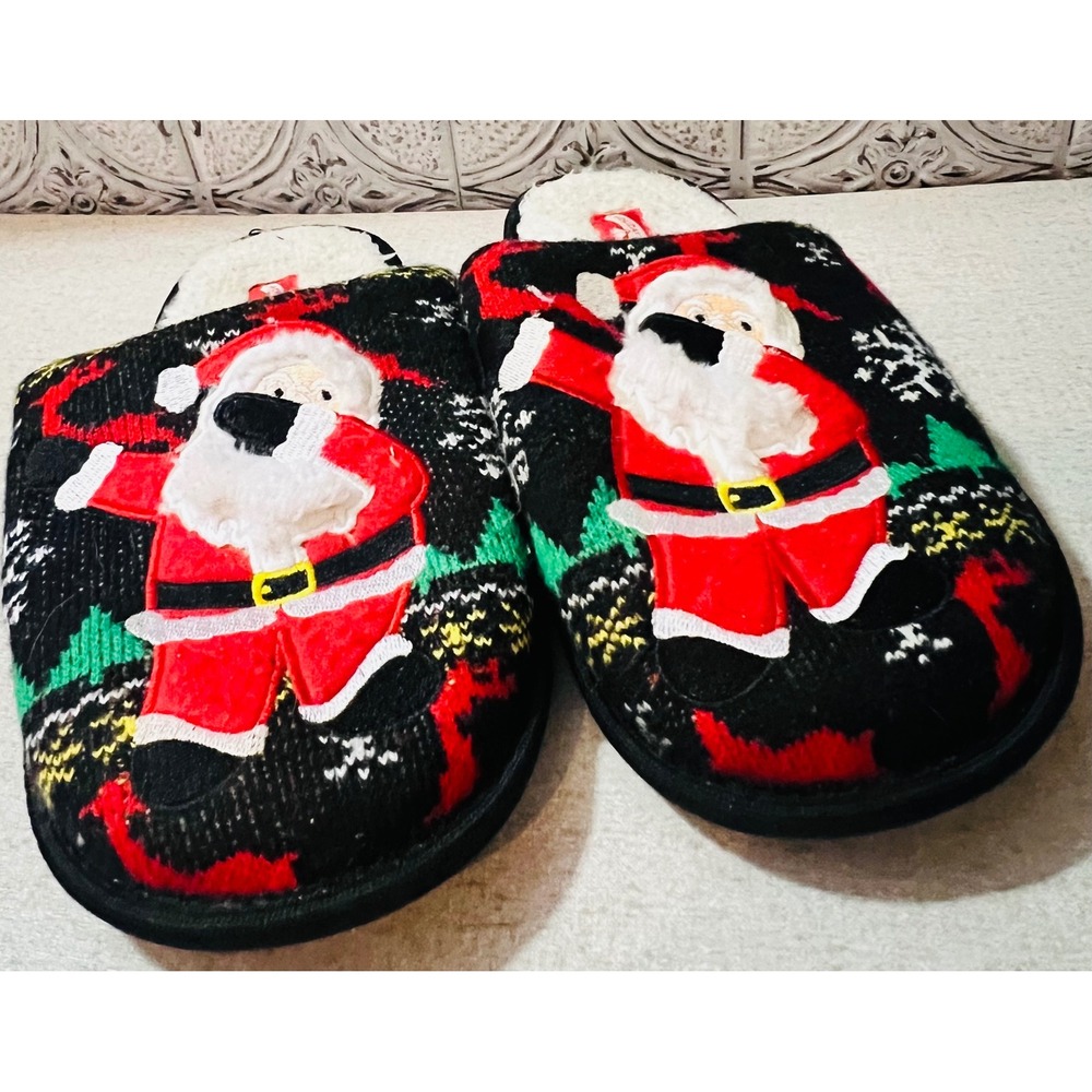 Holiday Time Womens Dabbing Santa Christmas Slippers Black Knit Faux Fur Lined